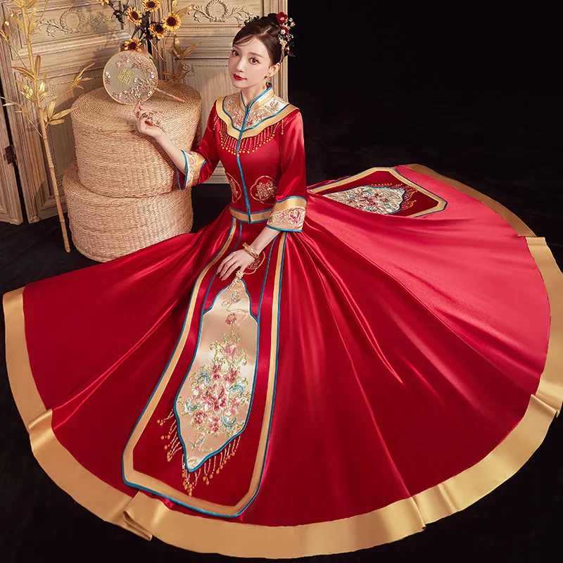 

Изысканное Свадебное платье стразы с цветочной вышивкой для пары элегантное китайское Свадебное платье-Ципао с воротником-стойкой