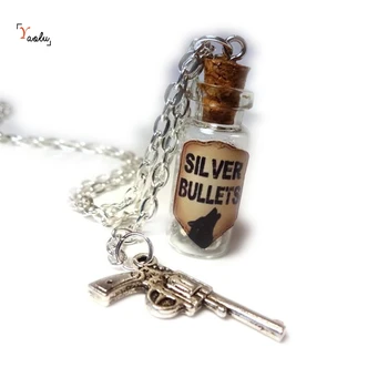 Silver Bullets Werewolf Hunter Glass Bottle Cork Necklace with Silver Gun Charm with Elements necklace
Silver Bullets Werewolf Hunter Glass Bottle Cork Necklace with Silver Gun Charm with Elements necklace
