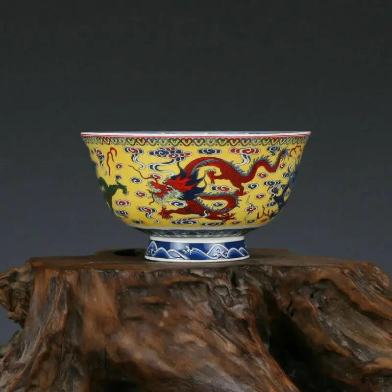 

China Antique Porcelain Qing Qianlong Yellow Famille Rose Painting Dragon Bowl Teacup Mascot Collection Ornaments Home Decor