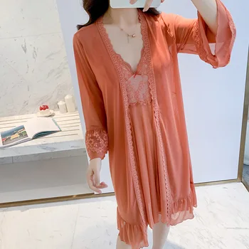 Orange 2PCS Kimono Robe Homewear Women Mesh Nightwear Bathrobe Gown Intimate Lingerie 2020 New Sleep Set Home Clothing 
Orange 2PCS Kimono Robe Homewear Women Mesh Nightwear Bathrobe Gown Intimate Lingerie 2020 New Sleep Set Home Clothing