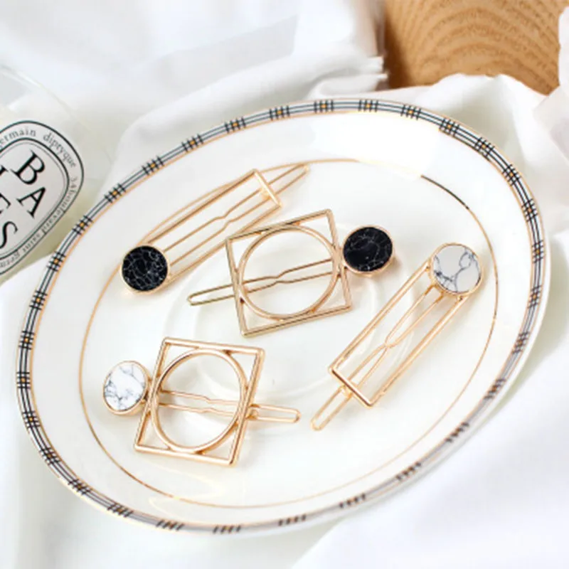 New Hot Metal Circle Square Hair Clips For Women Girls Natural Stone Hairpins Barrettes Wedding Hair Clip Accessories Wholesale