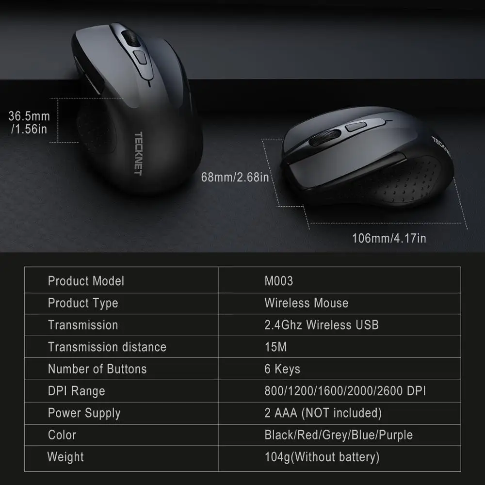 TeckNet Pro 2.4GHz беспроводная мышь Nano Receiver Эргономичные мыши 6 кнопок 2600DPI 5 уровней