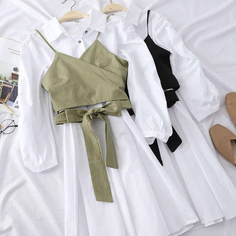 TYHRU Female Autumn Short Straps Tube Tops + Solid Color Long Sleeve Shirt Dress Two-piece Suit
TYHRU Female Autumn Short Straps Tube Tops + Solid Color Long Sleeve Shirt Dress Two-piece Suit