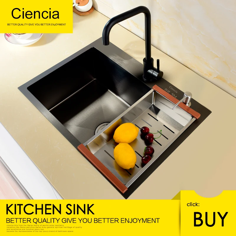 

Ciencia Stainless Steel Black Single Undermount Kitchen Sink Set With Kitchen faucet Not sticky oil For Kitchen