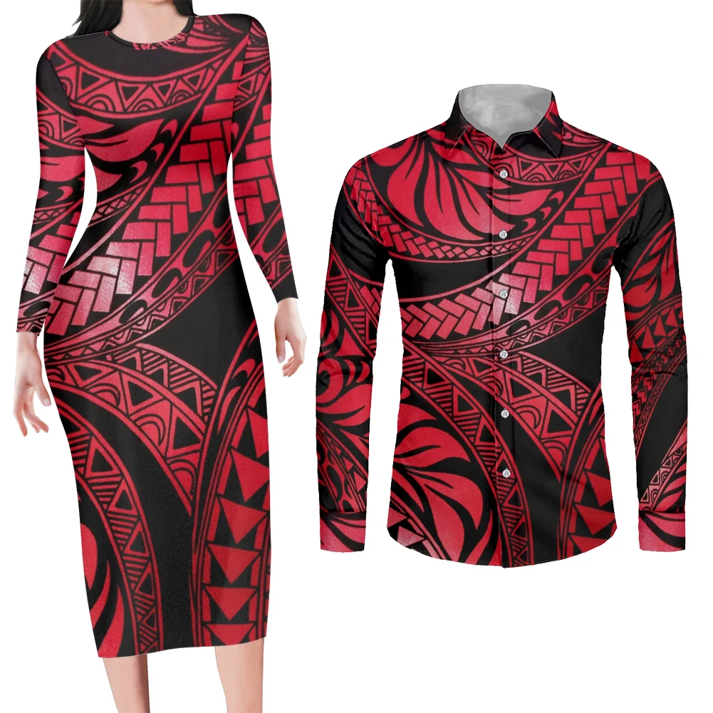 

HYCOOL Polynesian Couple Clothing Vendors Samoan Tribal Tattoos Print Red Party Dress Match Dress Shirt Men Matching Couple Sets