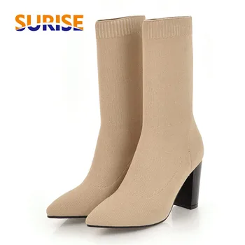 2020 Spring Autumn Stretch Mid-calf Sock Boots Women High Chunky Heel Pointed Toe Black Casual Ladies Slip-on Flyknit Half Boots
2020 Spring Autumn Stretch Mid-calf Sock Boots Women High Chunky Heel Pointed Toe Black Casual Ladies Slip-on Flyknit Half Boots