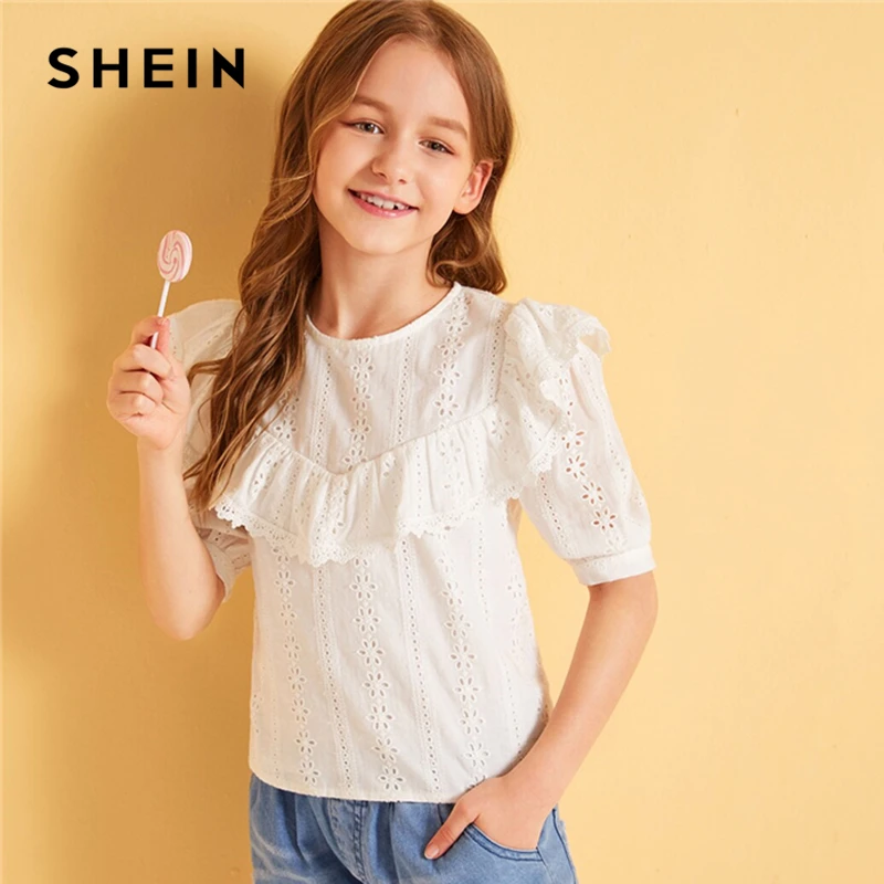 

SHEIN Kiddie White Eyelet Embroidery Keyhole Back Girls Cute Blouse 2019 Summer Holiday Puff Sleeve Ruffle Trim Kids Blouse Tops