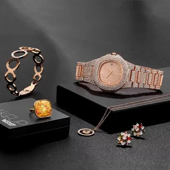 Luxury Women Rose Gold Watch Necklace Pendant Bracelet Ring Earrings Combo Sets Fashion jewelry set Gift For Women Hip Hop Style
Luxury Women Rose Gold Watch Necklace Pendant Bracelet Ring Earrings Combo Sets Fashion jewelry set Gift For Women Hip Hop Style