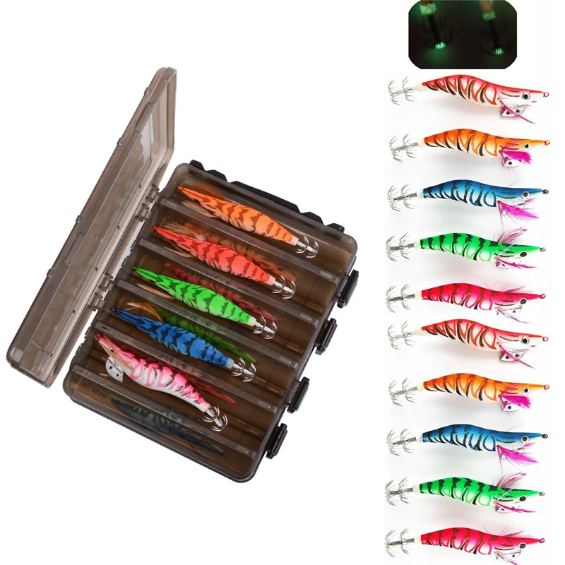 10Pcs/Box Squid Jigs hook Wood Shrimp 12g-21g Fishing bait squid hooks luminous Prawn Octopus lure Cuttlefish with Plastic box
10Pcs/Box Squid Jigs hook Wood Shrimp 12g-21g Fishing bait squid hooks luminous Prawn Octopus lure Cuttlefish with Plastic box