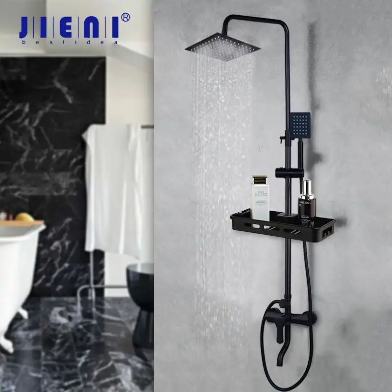 Jieni Matte Black Rainfall Shower Faucet Set Paint Black Bathtub Shower Mixer Faucet Storage Shelf Bathroom Mixer Faucet Set Aliexpress