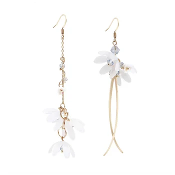 

New Asymmetry Statement Flower Crystal Bead Tassel Fringed Earrings For Women Rhinestone Long Chain Crystal Drop Earrings