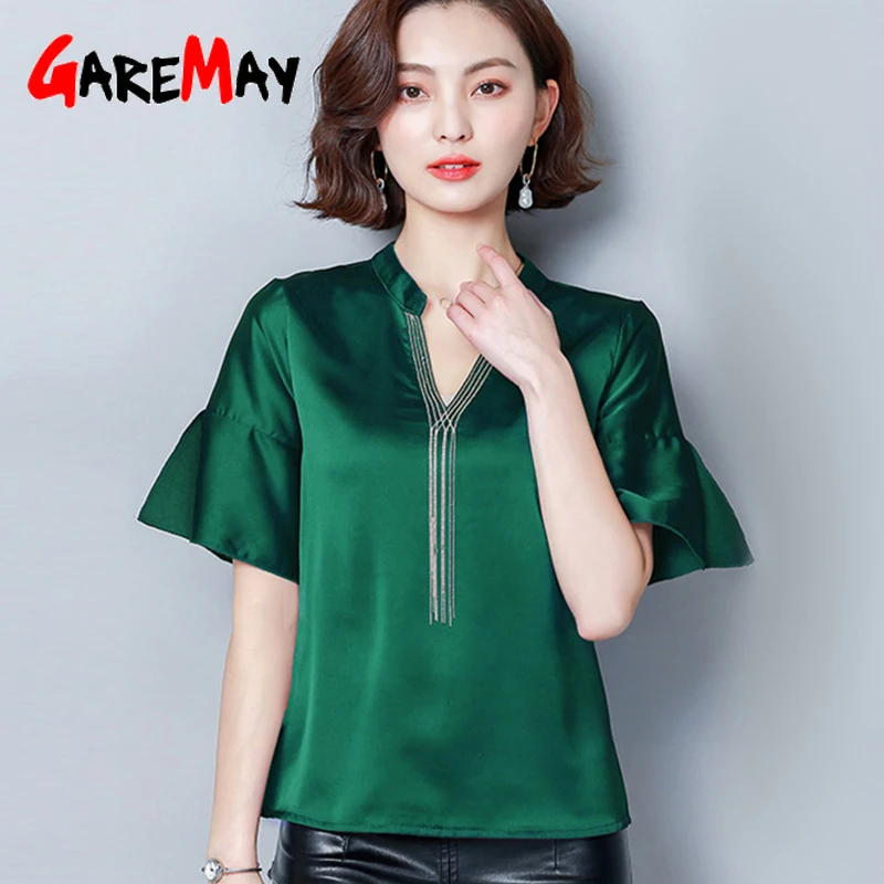 Summer Women's Blouse With Short Sleeves V Neck Elegant Green Loose Korean Satin Blouse Women Summer Tops For Women 2019 Vintage
Summer Women's Blouse With Short Sleeves V Neck Elegant Green Loose Korean Satin Blouse Women Summer Tops For Women 2019 Vintage