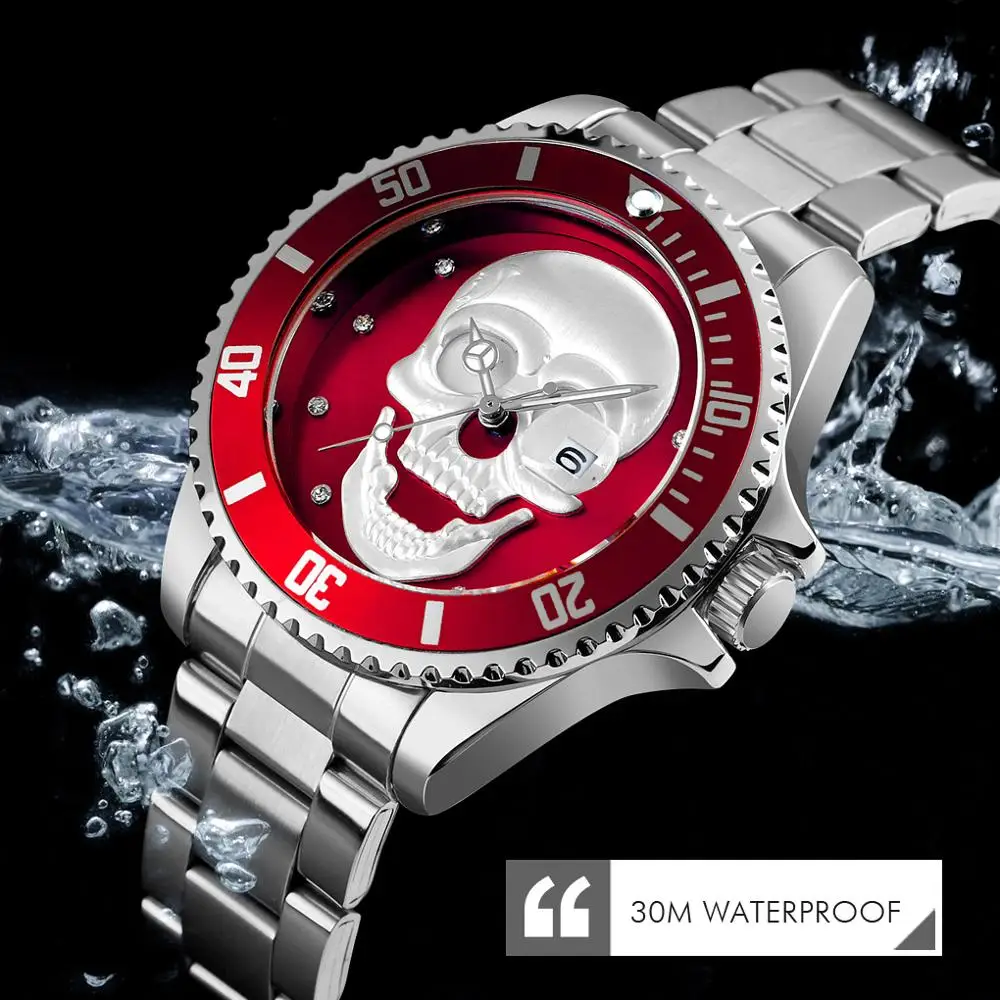 

SKMEI Men's Quartz Skull Watch Men Stainless Steel Skeleton Creative Watches Male Clock Waterproof Wristwatch Relogio Masculino