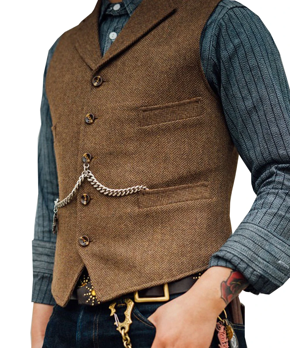 

Men's Suit Vest Brown Wedding Wool Tweed Business Waistcoat Jacket Casual Slim Fit Gilet Homme Vests For Groomsmen Man Wedding