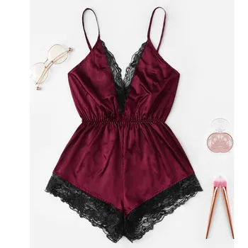 

New Linger Open Back Eyelash Contrast Lace Trim Hem Teddy Romper Bodysuit Sexy Camisole Teddies Satin Women Onesies Sleepwear