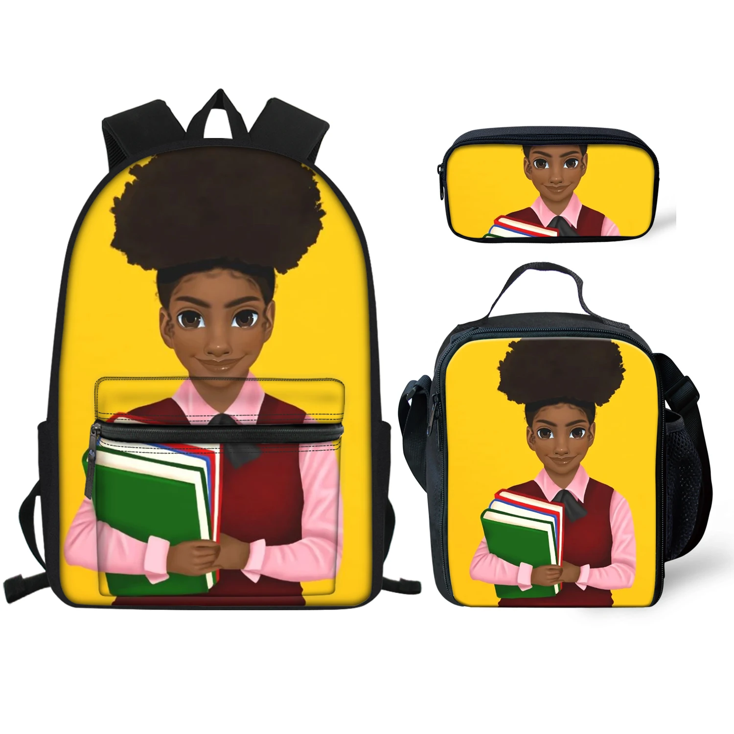 Black Afro Girls Printing School Bags For Kids 3 Set Shoulder Lunch Case Summer Children Backpack Pen Box For Student Book Bag
Black Afro Girls Printing School Bags For Kids 3 Set Shoulder Lunch Case Summer Children Backpack Pen Box For Student Book Bag