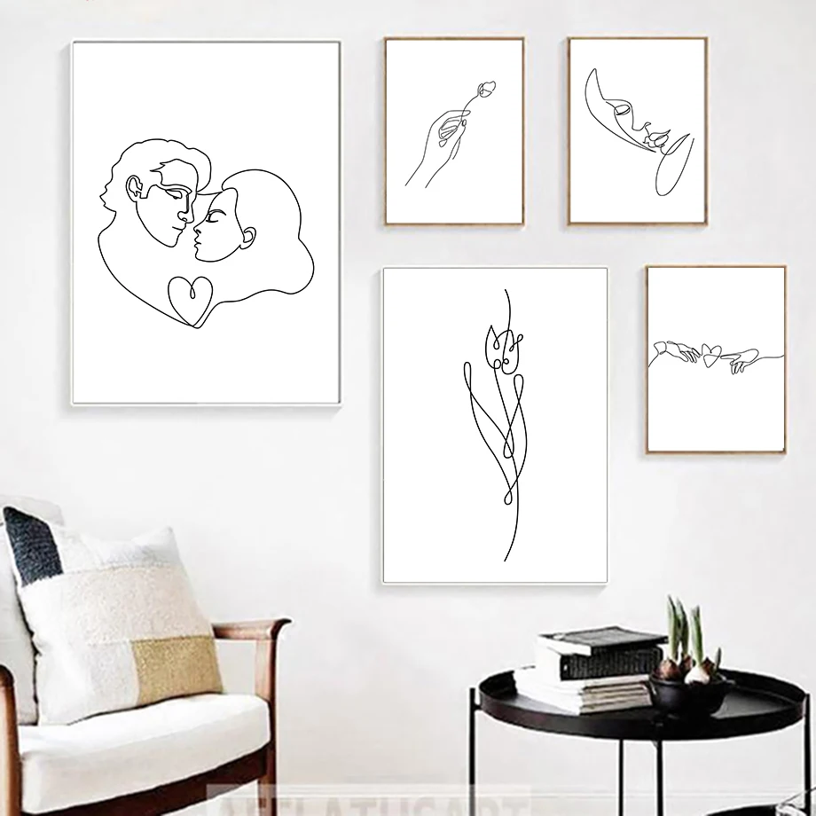 Abstract Line Love Kiss Hand Heart Flower Wall Art Canvas Painting Nordic Posters And Prints Wall Pictures For Living Room Decor