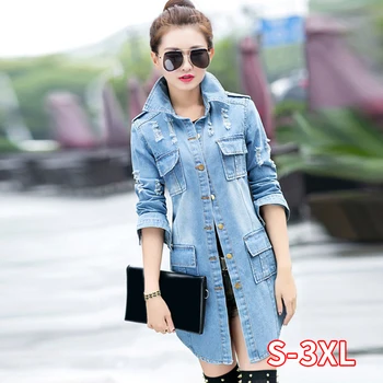 Long Jeans Coats Women Slim Ripped Denim Jacket Elegant Ladies Biker Casual Jeans Jackets Outwear with pocket lapel holes
Long Jeans Coats Women Slim Ripped Denim Jacket Elegant Ladies Biker Casual Jeans Jackets Outwear with pocket lapel holes