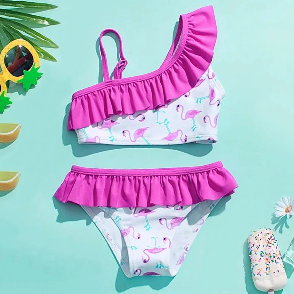 

Ruffle Trim Girl Swimsuit Kids 5-14Years Flamingo Girl Bikini Set Teen Two Piece Children's Swimwear Bathing Suit Beachwear 2022