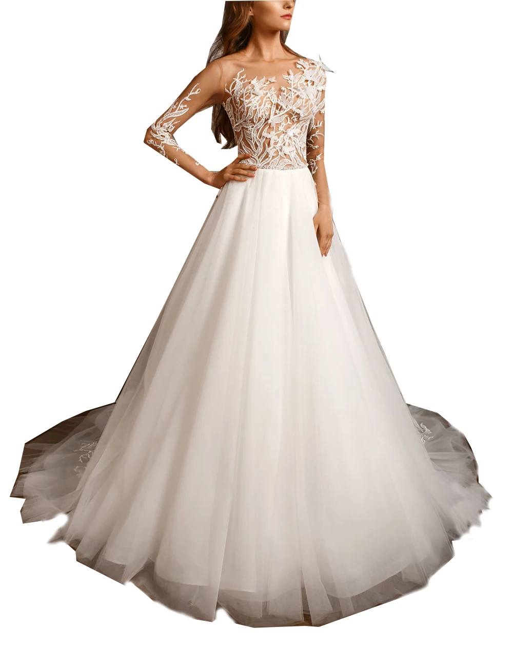Illusion White Embroidery Appliques 3D Flowers Vestido De Novia Ball Gown Court Train Beading Custom-Made Bridal Wedding Dresses
Illusion White Embroidery Appliques 3D Flowers Vestido De Novia Ball Gown Court Train Beading Custom-Made Bridal Wedding Dresses