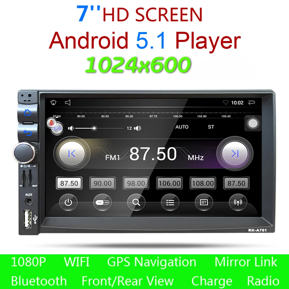 ROM 16G RAM 1G Double 2Din Screen HD Car Multimedia Stereo GPS MP5 Player 7" Bluetooth Radio USB Fit for Android 4.4