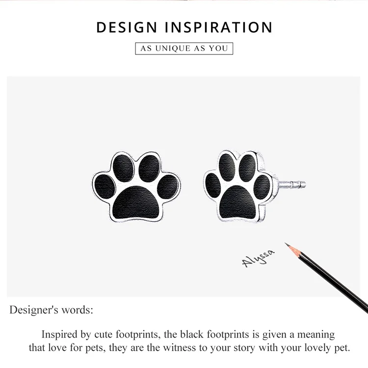 Paw Dog Footprint Black Stud Earrings 925 Sterling Silver For Women - PeticaDeals