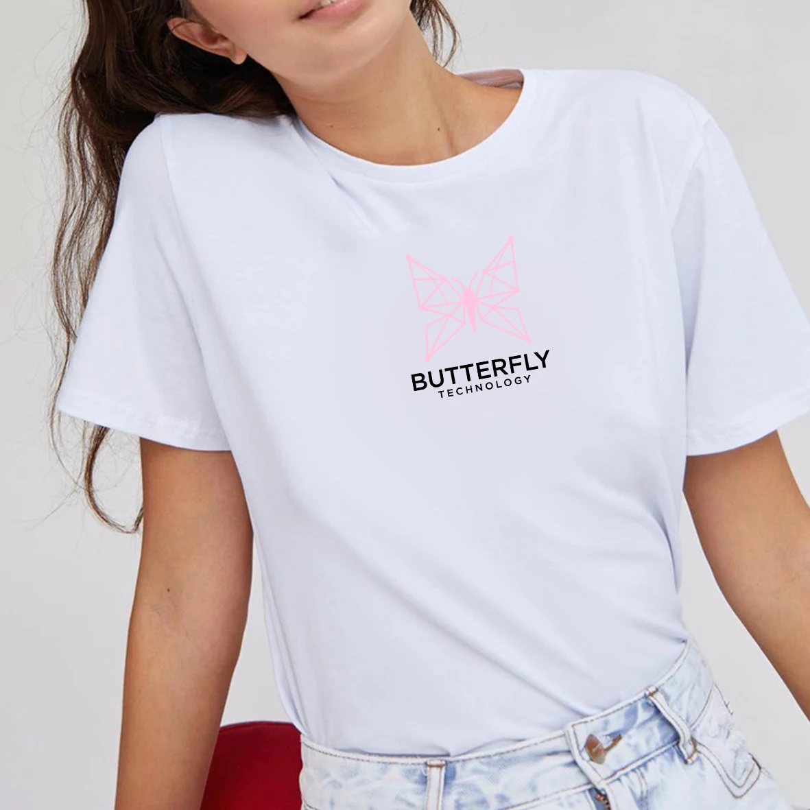 

BLINGPAW BUTTERFLY TECHNOLOGY Letters Print T Shirt for Women Female Tops & Tees White Cotton Funny T-Shirts