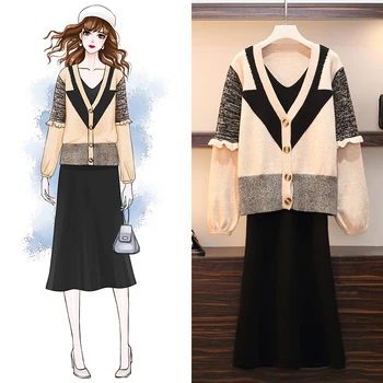 Plus Size Knitted 2 Piece Sets Lantern Sleeve Single Breasted V-Neck Sweater Coat Jacket Tops and Sleeveless Dress Women's Suit 
Plus Size Knitted 2 Piece Sets Lantern Sleeve Single Breasted V-Neck Sweater Coat Jacket Tops and Sleeveless Dress Women's Suit