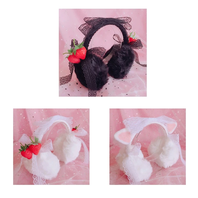 

Sweet Cute Lolita Plush Warm Earmuffs Women's Lolita Strawberry Cat Ear Bowknot Lace Warmer Muff Ear Cover Kawaii Headband Gift