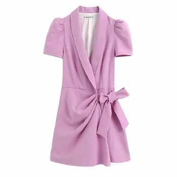 

2020 Women Chic Elegant Office Wear Blazer-Style Playsuit Vintage Female Purple Crossover V Neck Puff Sleeve Bow Tied Jumpsuit