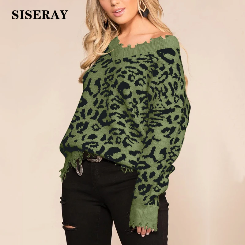 Новинка 2019 Леопардовый принт искусственно Состаренный свитер женский