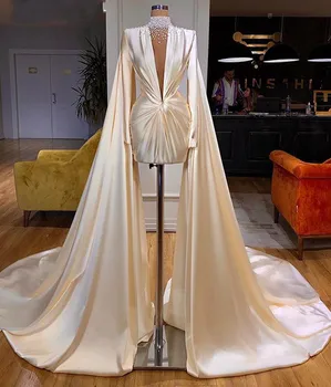 New Evening Dress 2021 Sheer High Neck Long Sleeve Pearls Ivory Satin Dubai Arabic Short Formal Prom Gowns With Long Shawl
New Evening Dress 2021 Sheer High Neck Long Sleeve Pearls Ivory Satin Dubai Arabic Short Formal Prom Gowns With Long Shawl