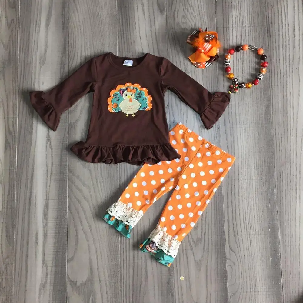 

fall/winter Thanksgiving baby girls children clothes boutique brown turkey orange polka dot outfits pants set match accessories