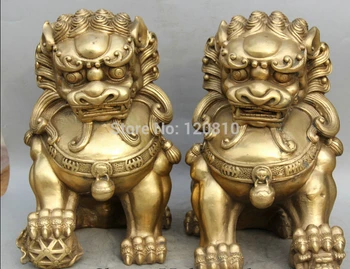 

zhaomerui4++14" Chinese Folk Feng Shui Brass Foo Fu Dog Guardion Lion Son Ball Statue Pair