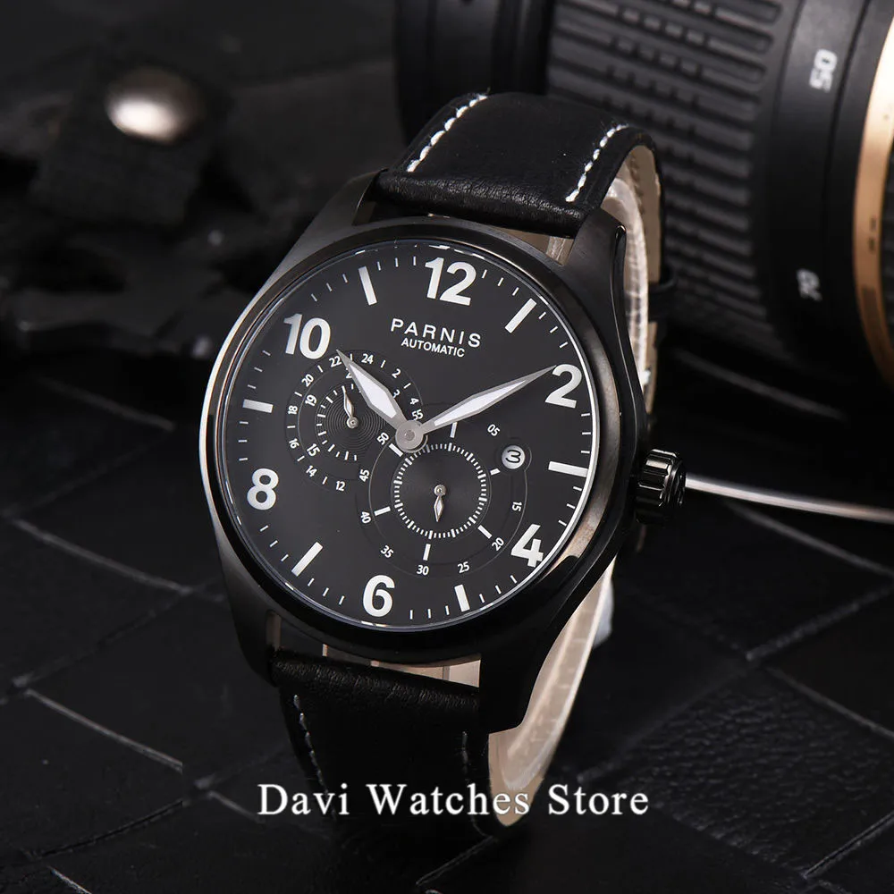 Parnis watches clock 44mm black dial white/orange marks 21 jewels miyota Date Automatic watch