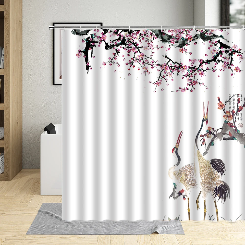 

Crane Shower Curtains Pink Watercolor Flowers Ink Art Chinese Style Waterproof Fabric Bathroom Decor with Hooks Bathtub Curtain