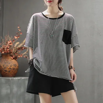 Vintage Cotton Strip Round Neck T Shirt And Shorts Leisure Suit Loose Free Size Loose Two-piece Summer 2 Piece Set For Women Z2
Vintage Cotton Strip Round Neck T Shirt And Shorts Leisure Suit Loose Free Size Loose Two-piece Summer 2 Piece Set For Women Z2