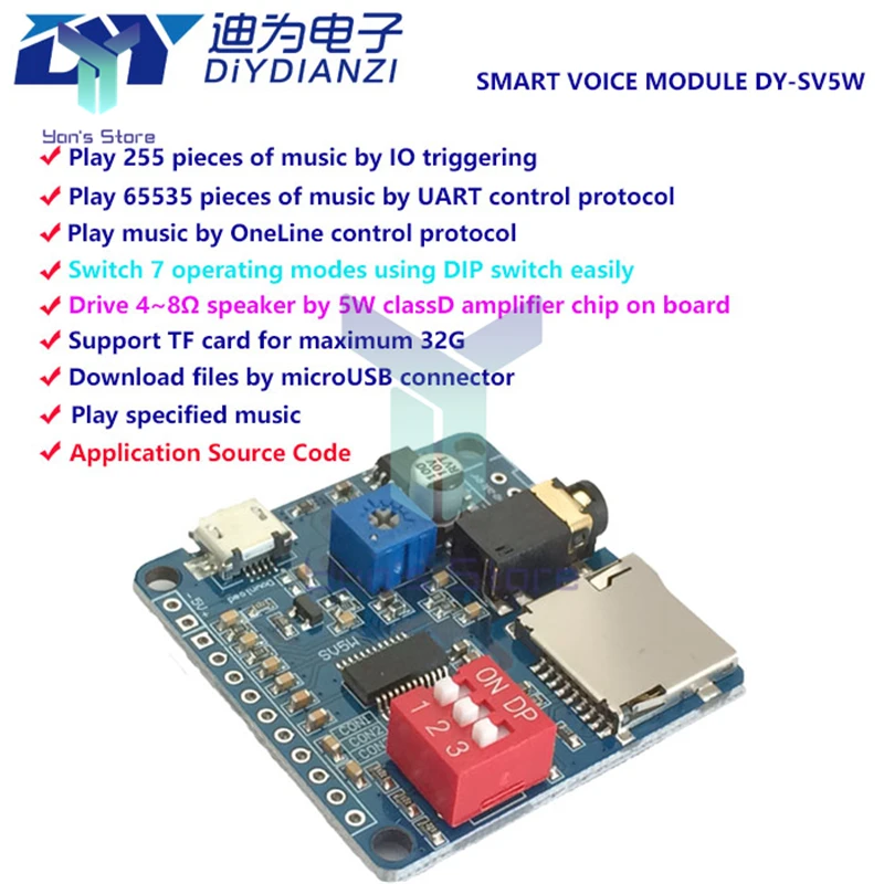 

DC 5V 5W Voice Playback Module Board MP3 Music Player SD/TF Card Integrated IO Trigger Class D Amplifier Circuit