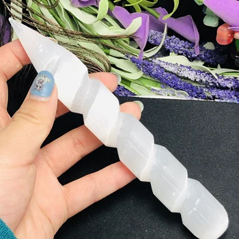 

Natural Selenite spiral Unicorn Horn Carving Satin Spar Crystal Gemstone Crystal Reiki Healing raw white gypsum stone massager