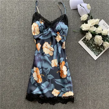 

Lisacmvpnel Woman Imitate Real Silk Sexy Camisole Nightgown Lace Edge Sweet Printing Nightwear