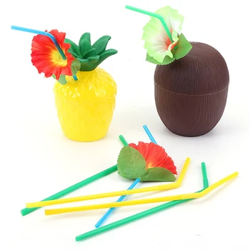 

12Pcs/Lot Pineapple Coconut Cups Fruit Shape Juice Party Drinking Cups with Flower Straws for Hawaiian Luau Summer Beach Party