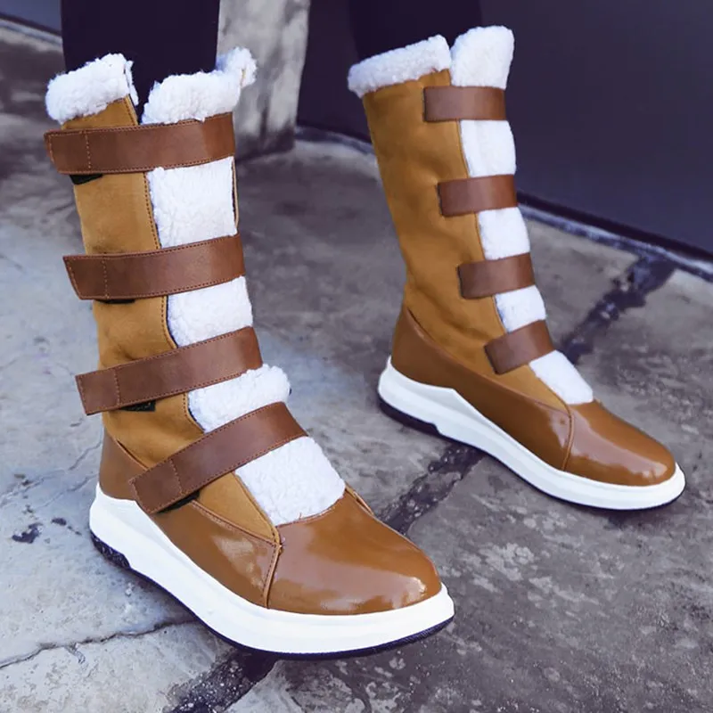 

Retro Mixed Colors Mid-Calf Boots Winter Plush Keep Warm Platform Shoes Classics Comfortable Hook Loop High Heels Femmes Bottes