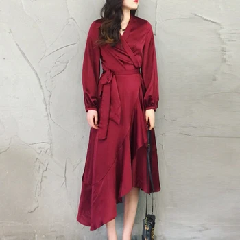 Elegant Autumn Dress Wine Red V Neck Sashes Design Dress Women Casual Long Sleeve Midi Party Dress Vestidos Wholesale 2019
Elegant Autumn Dress Wine Red V Neck Sashes Design Dress Women Casual Long Sleeve Midi Party Dress Vestidos Wholesale 2019