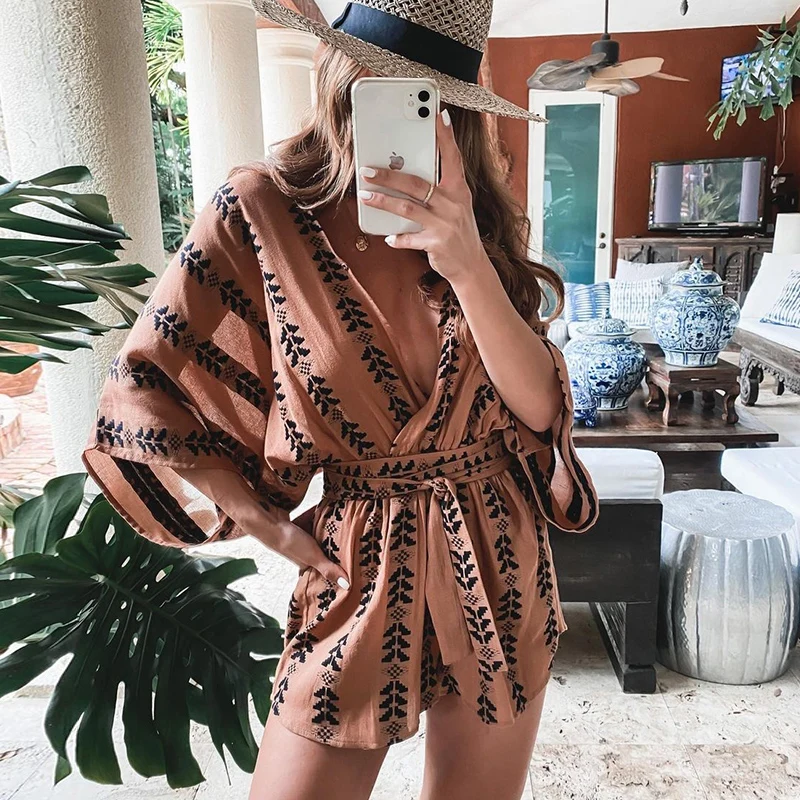 

Foridol V Neck Print Casual Playsuit Romper Women Batwing Sleeve Wide Leg Fashion Playsuits Overalls Loose Rompers 2022