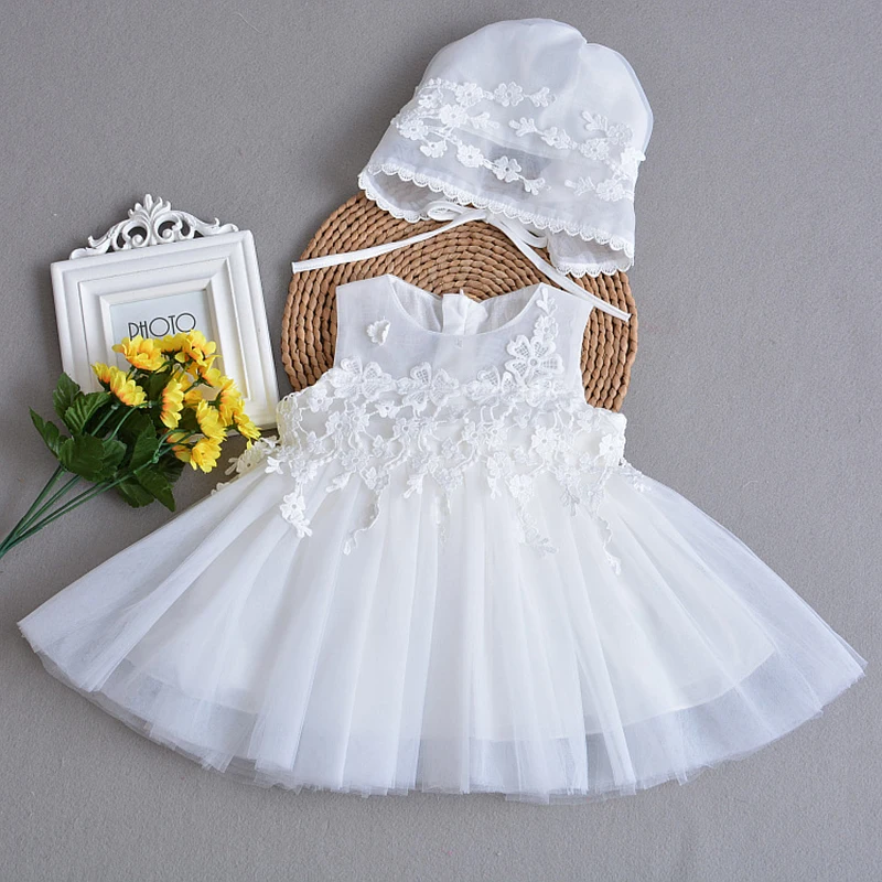 

Baby Girl Christening Gown with Bonnet Lace Dress White Baby Formal Wear Children Clothes Vestido Bebe Baby Gown Baptism Dress