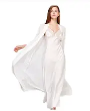 

Sexy Sling Dress Sleeping Robe Two-Piece Faux Silk Sleepwear Women Elegant Lady Lace Long-Sleeve Nightgowns Bathrobes