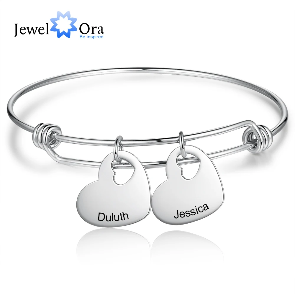

JewelOra Personalized Engraved Name Heart Charms Bangles Stainless Steel Bracelets & Bangles Promise Gifts for Girlfriend Lovers