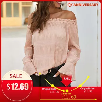 Sexy Thin Slash Neck Flare Sleeve Blouse Women One-shoulder Pleated Blouses Female Tops 2020 Spring Summer Solid Ladies Clothes 
Sexy Thin Slash Neck Flare Sleeve Blouse Women One-shoulder Pleated Blouses Female Tops 2020 Spring Summer Solid Ladies Clothes