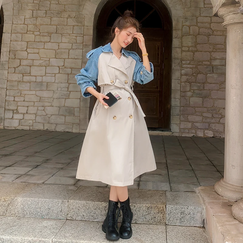 Windbreaker Female Denim Contrast Stitching Double-breasted 2020 Spring Autumn Loose Casual Over Knee Long Trench Womens Coats
Windbreaker Female Denim Contrast Stitching Double-breasted 2020 Spring Autumn Loose Casual Over Knee Long Trench Womens Coats