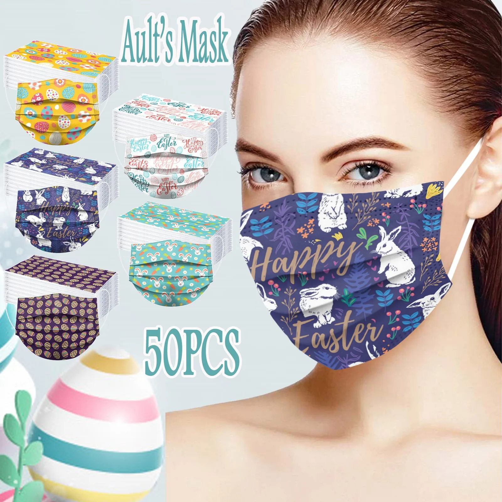

50PCS/LOT Adult Easter Day Disposable Face Mask 3 Ply Earloop Anti-PM2.5 Masks Face Shield Fashion Gifts For Women Fabric Mask